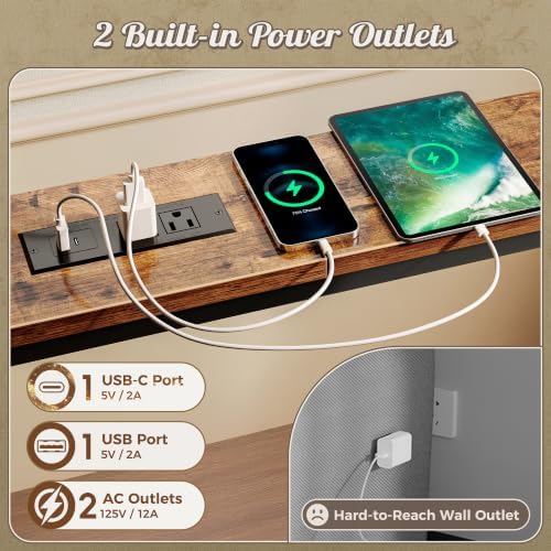 Huuger Narrow Console Table with Power Outlets & USB-C, Rustic Brown