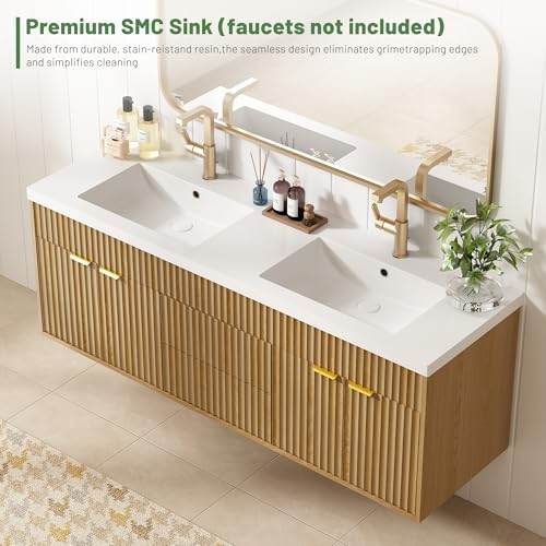 CARPETNAL 60 Inch Bathroom Vanity with Sink, Natural Oak. | Modern Fluted Large Double Sink Bathroom Vanity with Sink with 2 Storage Cabinets, Adjustable Shelf and 2 Drawers.