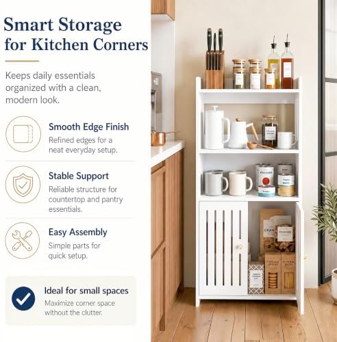 HAYOFAMY 4-Tier Bathroom Storage Cabinet 8.7" D x 14.2" W x 29.5" H | White Floor Cabinet, Freestanding Organizer with Door, for Living Room Kitchen Small Space, PVC Material