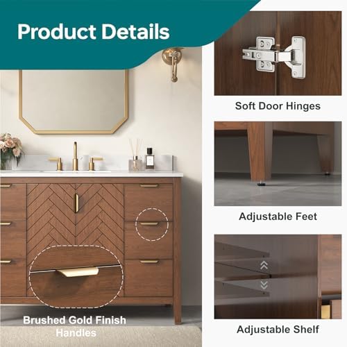 48 Inch Bathroom Vanity with Sink, Pre Assembled, Walnut | Solid Wood Single Sink Bathroom Vanity with Soft Close Doors & Dovetail Drawers, 0.78" Engineered Stone Top, Backsplash