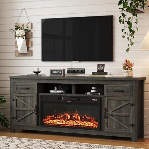 Fireplace TV Stand with Barn Door, 80 inch, Grey