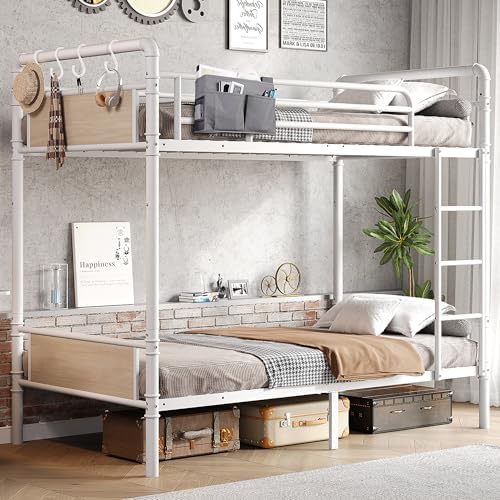 Jocoevol Metal Bunk Bed Twin Over Twin, Industrial Bunkbeds Heavy Duty Bed with Safety Guard Rails and Space-Saving Design, Steel Bed for School, Bedroom (White)