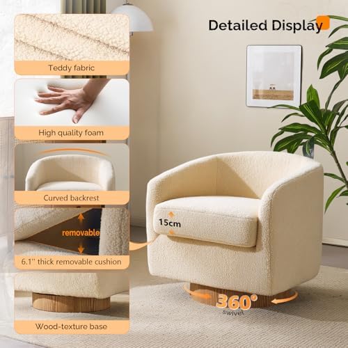 VINGLI 360°Swivel Accent Chair with Engineered Wood Base and Removable Cushion for Living Room, Bedroom, Curved Back Barrel Chair for Small Space, Upholstered Bucket Armchair, Teddy Khaki