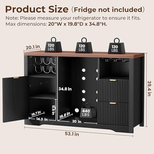 Coffee Bar Cabinet with Mini Fridge Space, 53"Wine Cabinets with Storage