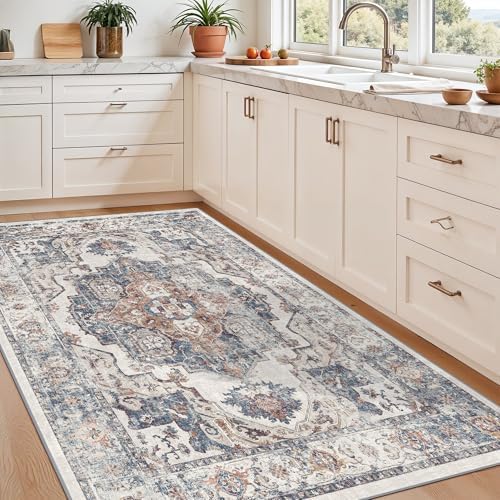 4x6 Living Room Area Rugs: Washable Boho Bedside Rugs Non-Slip Low Pile Small Carpet for Kitchen Bedroom Non-Shedding Floor Mat for Kids Room Office Dining Room(4x6，Brick)