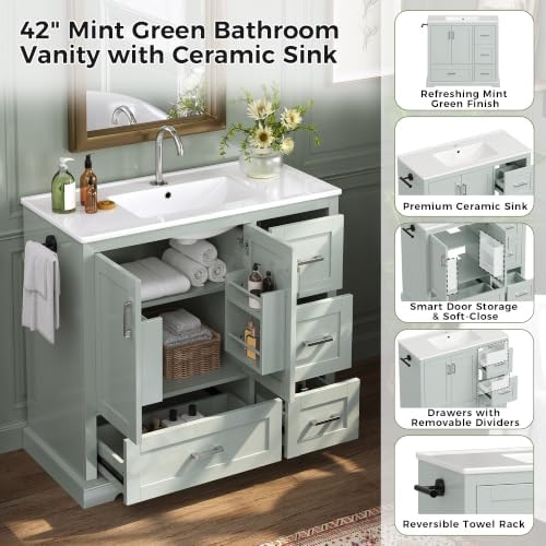 LUMISOL 42 Inch Bathroom Vanity with Ceramic Sink, Modern Freestanding Bathroom Cabinet with 4 Drawers, 2 Soft-Close Doors, Door Racks, Towel Rack, Solid Wood Frame, Mint Green