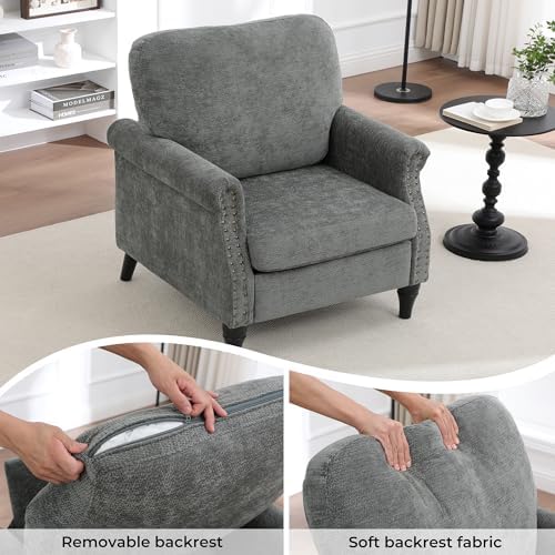 Accent Chair for Living Room, Modern Mid Century Reading Chair Armchair High Back Upholstered Armchair with Wooden Legs for Living Room Bedroom Office (LIGHTGREY, 1pcs)