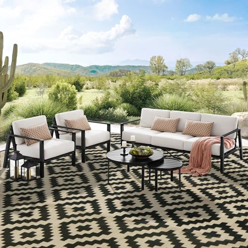 SAND MINE Reversible Mats, Plastic Straw Rug, Modern Area Rug, Large Floor Mat and Rug for Outdoors, RV, Patio, Backyard, Deck, Picnic, Beach, Trailer, Camping, Black & Beige, 10' x 14'