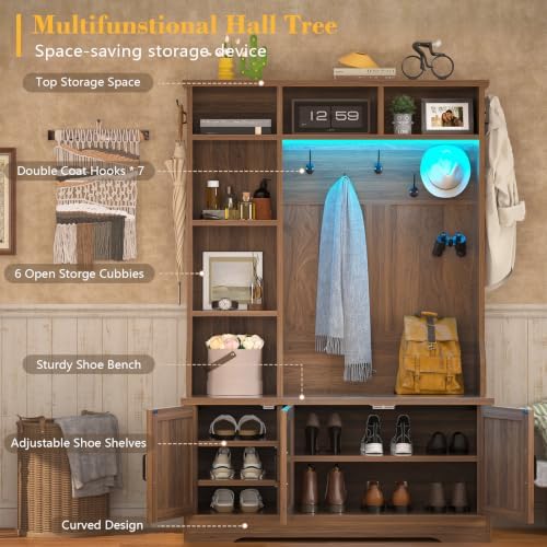 CSZZD Hall Tree with Bench and Shoe Storage, Farmhouse Entryway Bench with Coat Racks and Led Lights, Tall Hall Tree with 7 Coat Hooks, 6 Storage Cubbies, Adjustable Shelf