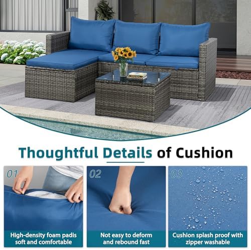 SUNLEI Patio Furniture Set with Detachable Soft Cushions, Outdoor PE Rattan Patio Conversation Sofa Set, 3-Piece Patio Sectional Sofa with Glass Coffee Table (Silver Rattan&Royal Blue)