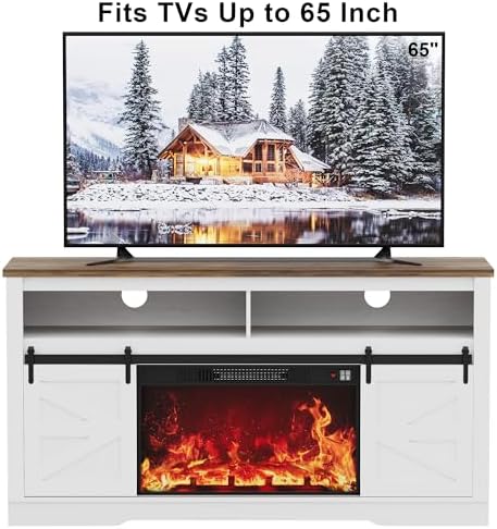 JUMMICO Fireplace TV Stand for 65 Inch TV with 26'' Fireplace(Bright White)