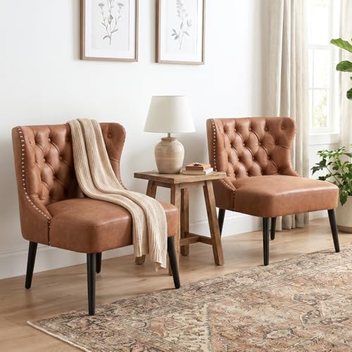 chairus Tufted Faux Leather Armless Accent Chairs Set of 2, Brown PU