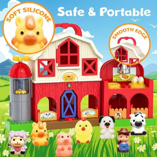 Farm Animal Barn Toys for Toddlers 1-3, Red Barn Play Farm Set with Animals Sounds Toy, Musical Interactive Preschool Montessori Learning Farm Toys for Kids, Christmas Birthday Gift for Boy Girl