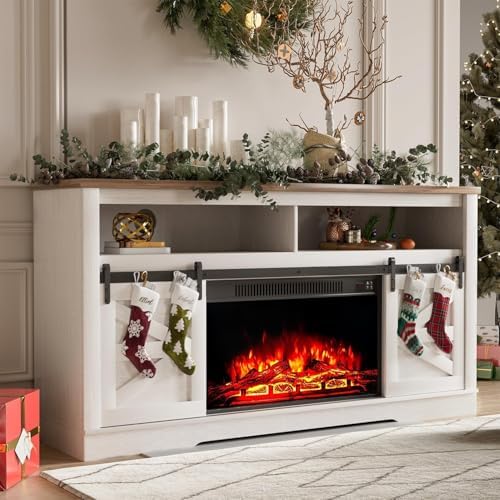 YESHOMY Farmhouse Fireplace TV Stand for TVs up to 65+ Inch, Rustic White