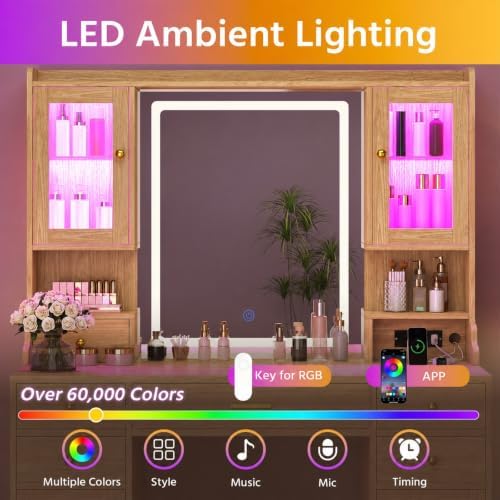 CSZZD Makeup Vanity Desk with Lighted Mirror & RGB Storage Cabinets | 3 Colors Vanity Table Set with Power Outlet & 6 Drawers, Large Dressing Table with Open Storage Shelves for Bedroom