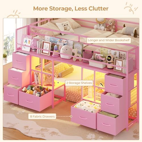 BTHFST Low Bunk Bed Twin Over Twin with 8 Fabric Drawers & Bookshelf, Pink