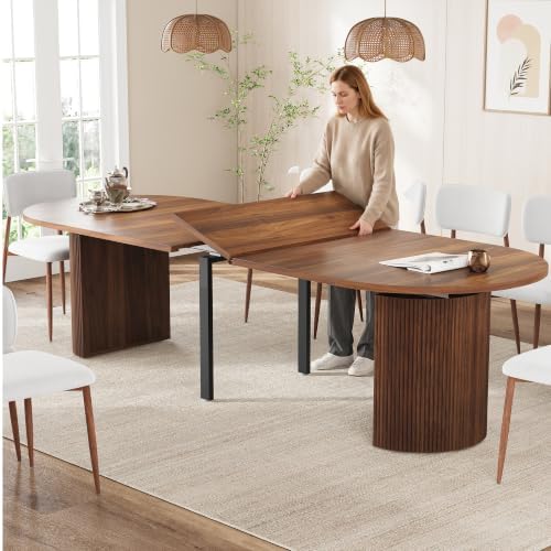 weselon 42"-120" Extendable Dining Table for 4-14, Expandable Oval Dining Room Table with Fluted Pedestal Base & Reinforced Metal Support Leg, Extra Large Modern Kitchen Table (Walnut)