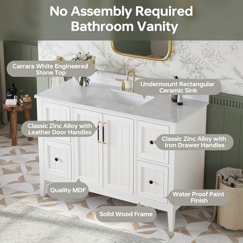 48 Inch Bathroom Vanity with Sink, Fully Assembled, White | Solid wood frame with Quartz Top and Backsplash, ceramic sink, spacious storage, adjustable feet and fully assembled design