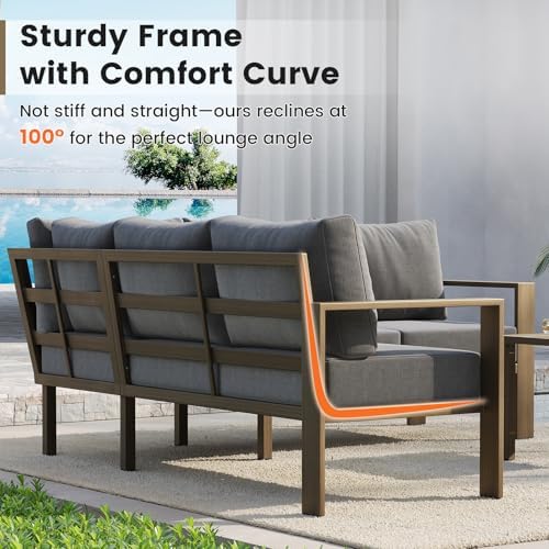 UDPATIO 6-Piece Faux Wood Metal Outdoor Sectional Sofa, 6" Thick Cushion