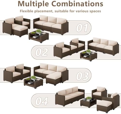 LOUVIXA 7 Piece Outdoor Patio Furniture Set, Rattan Chairs Glass Table Wicker Conversation Seating Sectional Sofa with Cushions (Brown-Beige, 7Pcs-2 Layer Coffee Table)