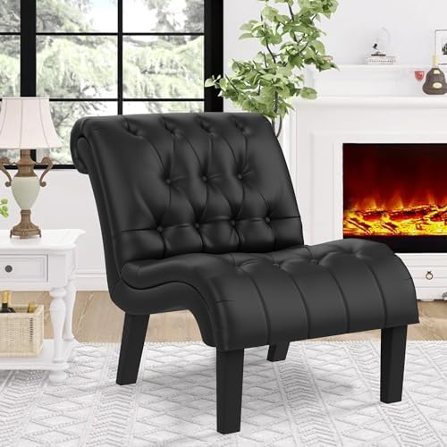 Faux Leather Accent Chair, Mid Century Modern Armless Chair Black