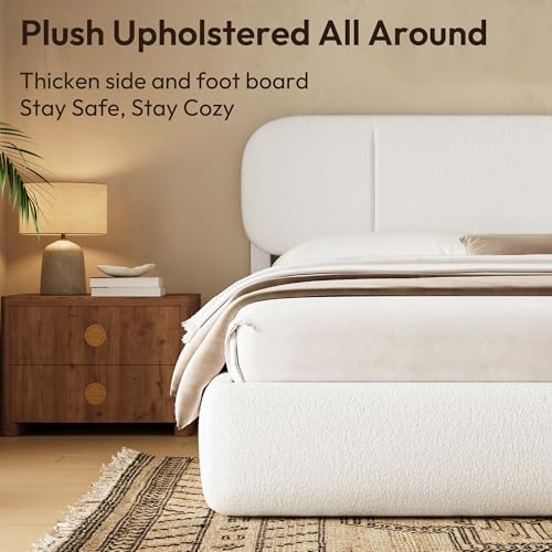 Queen Size Bed Frame with Storage, Boucle Cloud Bed with 4 Locking Drawers & LED Lights, Modern Upholstered Platform Bed, Plush Sides & Footboard, Adjustable Headboard, No Box Spring, Cream