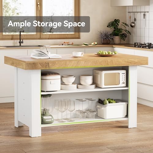 LITTLE TREE 55 Inches Kitchen Island with Storage, 3-Tier Farmhouse Stationary Island Table with Large Worktop & Leg Room, Modern Coffee Bar Table with Storage Shelf for Kitchen, Oak & White