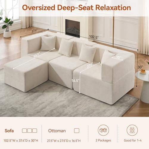MONVANE 103'' Modular Sectional Sofa, Cloud Sectional Couch with Ottoman, Convertible Chenille L Shaped Couch with Deep Seat, Sectional Couches for Living Room Bedroom, No Assembly Required, Beige