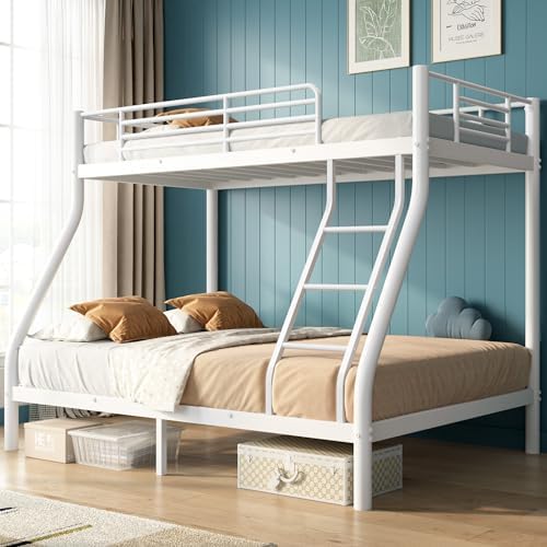Bunk Beds Twin Over Full Size, Heavy Duty Bunk Beds with Bottom Space & Guardrail Metal Bunk Bed Frame for Adults - Dorm Bedroom Guest Room, No Box Spring Needed（Upgrate White）