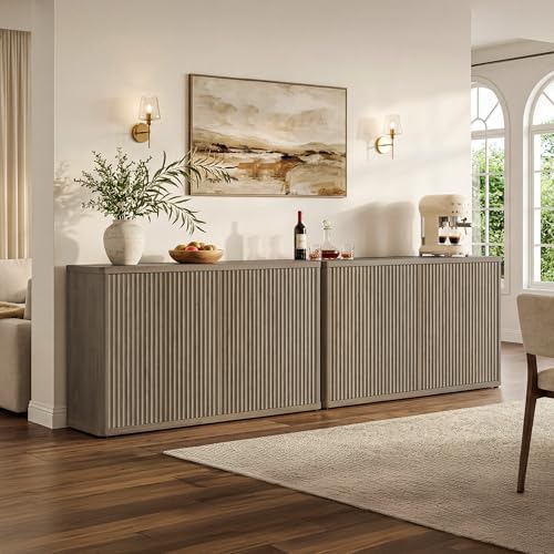 SICOTAS Buffet Cabinet with Storage Accent Sideboard with 8 Doors 132.6" Fluted Credenza Modern Buffet Table Media Console Cabinet Entryway Cabinets for Living Room Kitchen Dining Room Hallway