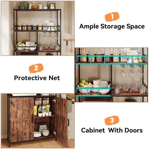 IDEALHOUSE Bar Cabinet Tall Wine Cabinet 70.8" Freestanding Wine Rack Industrial Liquor Cabinet with Glass Holder 5 Tier Bakers Rack with Cabinet Standing Microwave Stand Large Kitchen Storage Rack