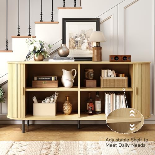 ONBRILL 63" Sideboard Buffet Cabinet, Sliding Door/Adjustable Shelf, Oak