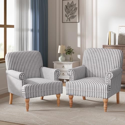 HUIMO Linen Fabric Accent Chair, Mid-Century Modern Upholstered Armchair with Solid Wood Legs, Comfy Reading Club Chair for Living Room Bedroom (2, Dark Grey and White Stripe)