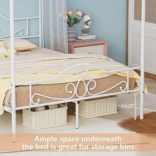 Full Canopy Bed Frame with 4 Posters, Full Size Bed for Kids Girls Adults