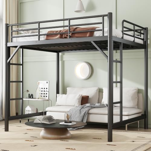 Bellemave Full Loft Bed, Metal Round Pipe, Dual Ladders, Save Space, Black