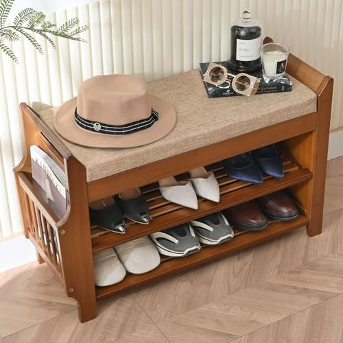 PETKABOO Shoe Bench with Hidden Drawer and Side Holder, 2 Tier Entryway Bench with Storage 31.5 in, Bamboo Shoe Rack with Cushion for Entryway Hallway Living Room Bedroom