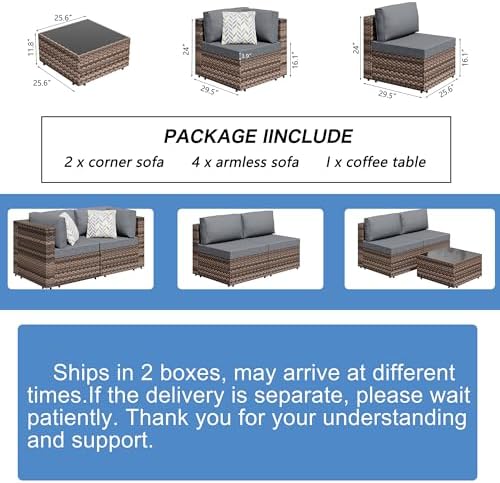 Shintenchi 7 Piece Outdoor Patio Furniture Set with Brown PE Rattan, Gray