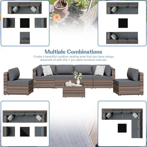 Shintenchi 7 Piece Outdoor Patio Furniture Set with Brown PE Rattan, Gray
