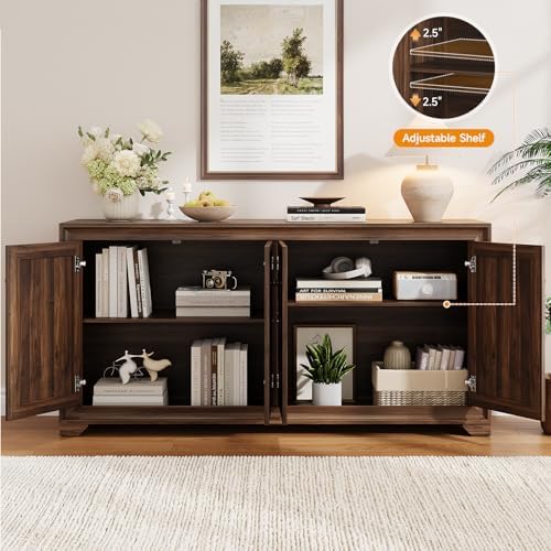 ONBRILL 60" Buffet Cabinet with Storage, 4 Doors & Adjustable Shelves Brown