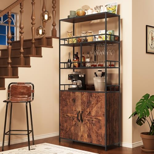 IDEALHOUSE Bar Cabinet Tall Wine Cabinet 70.8" Freestanding Wine Rack Industrial Liquor Cabinet with Glass Holder 5 Tier Bakers Rack with Cabinet Standing Microwave Stand Large Kitchen Storage Rack
