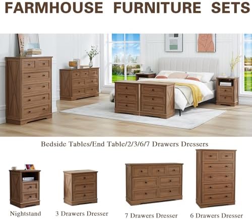 Farmhouse 7 Drawers Dresser for Bedroom with Charging Station,Wood Dressers