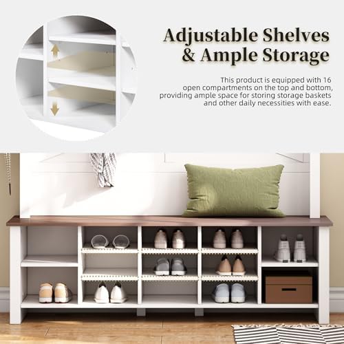 Merax Farmhouse Wood Hall Tree with 6 Hooks and Entryway Shoe Bench, 4-in-1 Coat Rack with 16 Open Compartments & Adjustable Shelves, for Entrance, Hallway, Mudroom, White