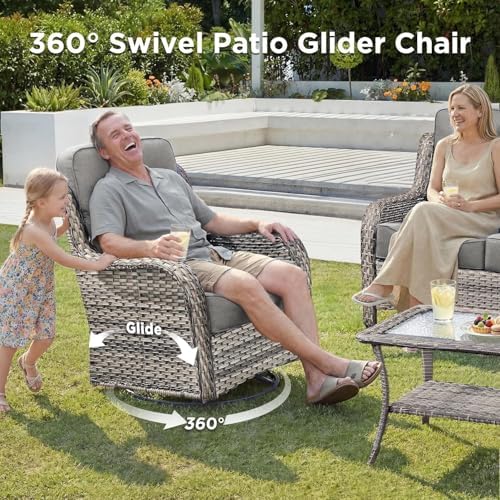 Luxury Patio Furniture Set with Fire Pit Table-10 Pieces All Weather Outdoor Swivel Rocker Chairs with Sofa and Ottomans. Outdoors Patio Conversation Sets for Porch Deck Garden(Grey/Grey)