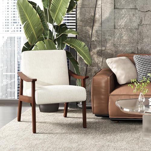 Yaheetech Accent Chairs, Mid-Century Corduroy Fabric Armchairs, Beige