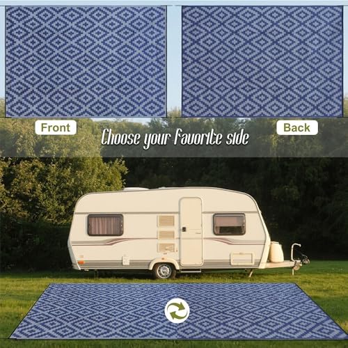 SAND MINE Reversible Mats, Plastic Straw Rug, Modern Area Rug, Large Floor Mat and Rug for Outdoors, RV, Patio, Backyard, Deck, Picnic, Beach, Trailer, Camping, Dark Blue & Grey, 10' x 14'