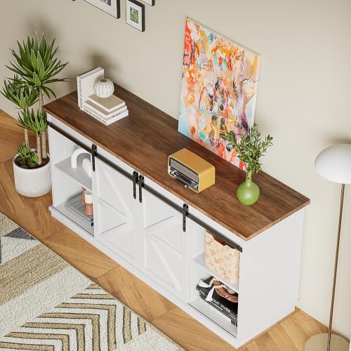 JUMMICO TV Stand for 65 Inch TV, Sliding Barn Doors, White