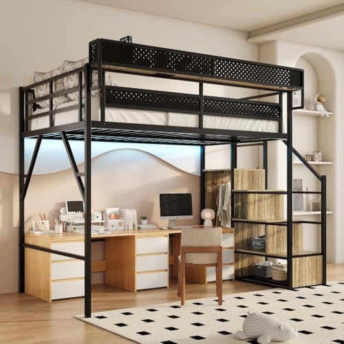 Full Size Metal Loft Bed with Storage Stairs, Wardrobe & Charging Station