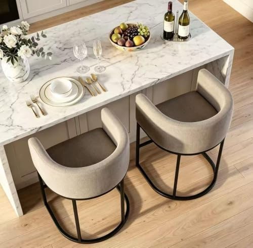 26" H Counter Height Bar Stools Set of 3, Modern Barrel Counter Stools with Backrest and Arms, Linen Fabric Upholstered Accent Barstools for Kitchen Island,Support 450 LBS (Sand)