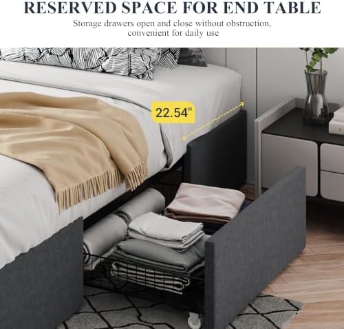 Allewie Queen Size Platform Storage Bed Frame with 3 Drawers, Dark Grey