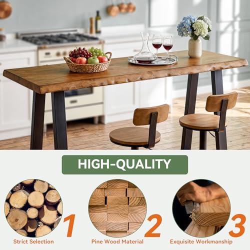 Solid Wood Bar Table, 63” Natural Live Edge Counter Height Table with Metal Legs, Rustic Industrial Long Pub Table for Kitchen, Coffee Bar, Dining Room, Restaurant, Brown & Black